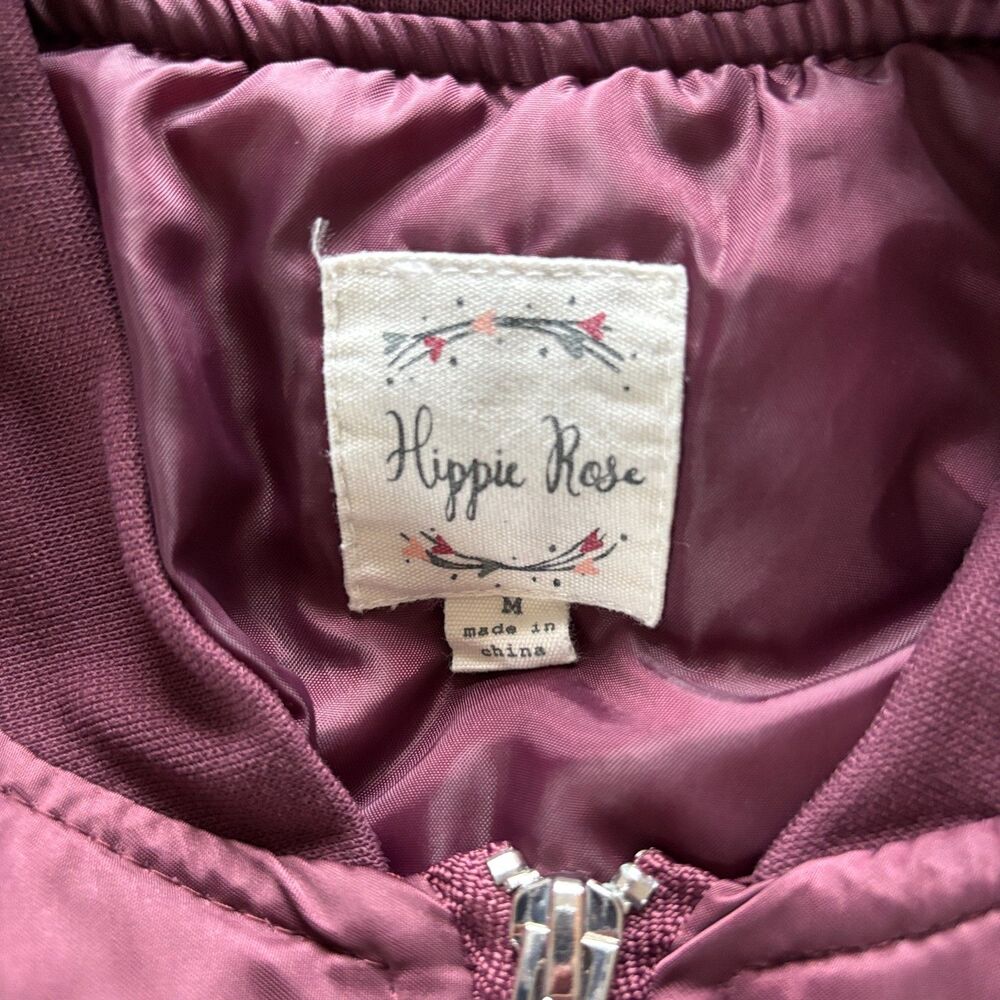Hippie Rose: Womens Bomber Jacket Medium Maroon Burgundy Satin Full Zip Utility